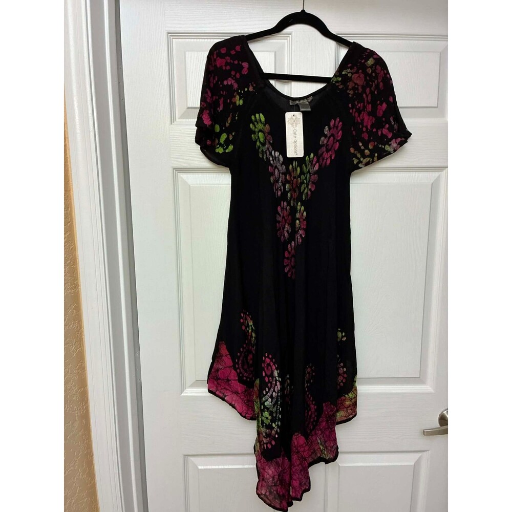 Cute Options Boho Rayon Dress Free Size Black Hand Dyed Asym Hem NWT